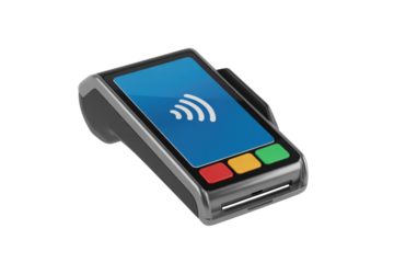 Wireless payment terminal for contactless transactions, showcasing modern technology and ease of use. background removed