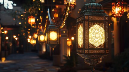 Obraz premium An enchanting evening glows with ornate lanterns casting intricate shadows on a warm stone alleyway