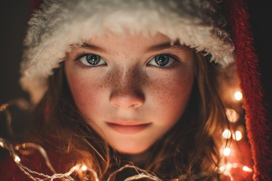 girl wearing a Santa hat surrounded by holiday lights