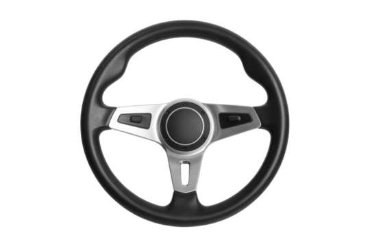 A black leather car steering wheel with silver accents and control buttons, isolated on a transparent background. background removed