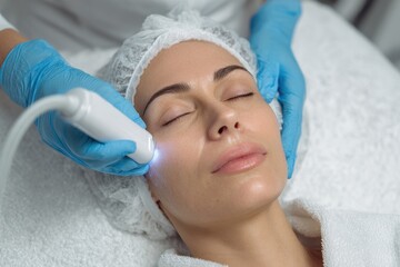 Aerial perspective of an ultrasonic SMAS facelift with the patient on a treatment couch as the doctor uses an ultrasonic device on her face