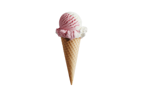 A delectable double scoop ice cream cone with strawberry and vanilla flavors, isolated on a transparent background. background removed