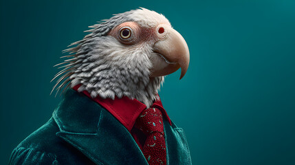 Distinguished anthropomorphic parrot in velvet suit and patterned tie on teal background
