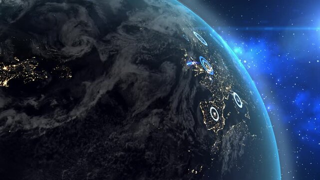 Global digital network encircling the entire planet. Worldwide digital connection that unites the whole world. Internet connection. Connection lines between cities and countries. 4k footage