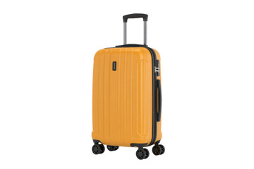 A vibrant yellow carry-on suitcase with wheels and a retractable handle, perfect for travel. background removed