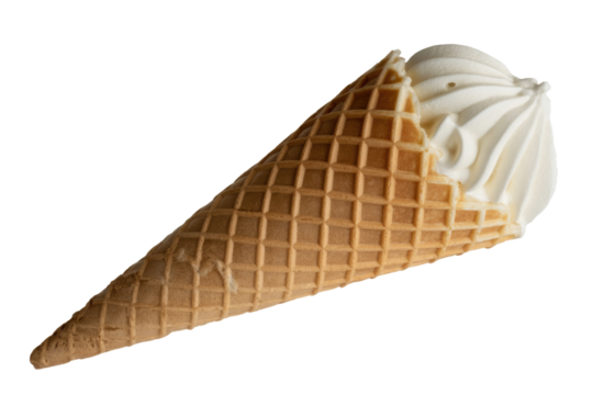 A single scoop of vanilla soft serve ice cream in a waffle cone. background removed