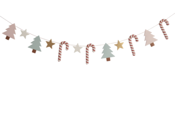 A festive Christmas garland with pastel trees, candy canes, and stars hangs against a transparent background. background removed