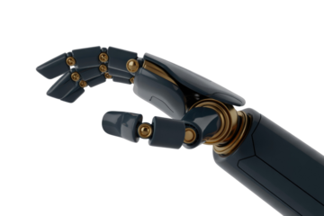 A robotic hand, dark blue with gold accents, gesturing with fingers slightly curled. background removed