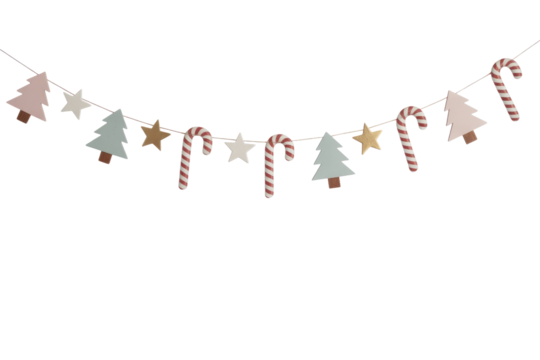 A festive Christmas garland with pastel trees, candy canes, and stars hangs against a transparent background. background removed - Powered by Adobe