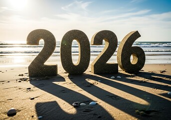 The year 2026 is sculpted in sand on a sunny beach, casting long shadows and symbolizing the passage of time and the promise of the future