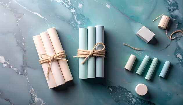 Bundles of pastel chalk tied with string on a blue surface