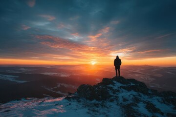 Obraz premium A man s outline on a peak at dusk with a stunning sky and sunlight emerging through the clouds