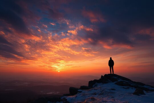 A man s outline on a peak at dusk with a stunning sky and sunlight emerging through the clouds