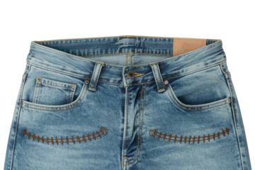 Close-up of light blue jeans with unique brown stitching detail on pockets. background removed