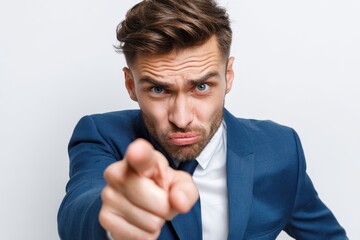 Disappointed young businessman gesturing with his forefinger against a white backdrop