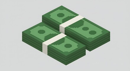 An isometric pixel art image of three stacks of green money notes with white stripes, in an 8-bit or 16-bit game style, on a light gray background.