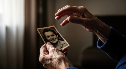 Elderly hands gently hold a treasured old black and white portrait, a young smiling woman, representing a fragile memory, cognitive decline, brain disease, and the profound journey of aging.