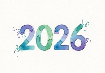 Watercolor painting of the year 2026 with splashes of blue and green, isolated on white background, conveying a fresh and artistic vibe