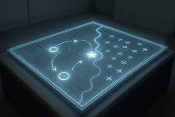 Holographic tactical map illuminated on a square table in modern interior setting. concept of futuristic navigation, strategic planning, high-tech display