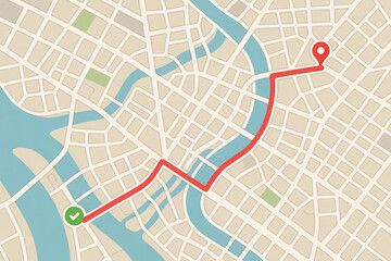 Urban map illustration highlighting route with river and landmarks, concept of navigation, city planning, travel guide, cartography