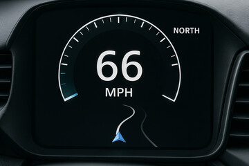 Vehicle speed trajectory displayed on dashboard showing 66 mph with navigation indicator. concept of driving, speed measurement, automotive technology