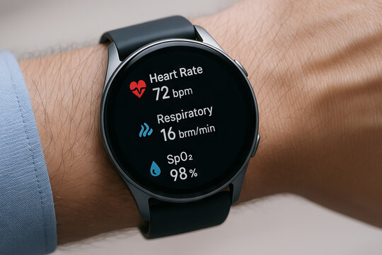 Smartwatch displaying heart rate respiratory rate and oxygen saturation on male wrist highlighting health monitoring technology wearable innovation fitness tracking concepts
