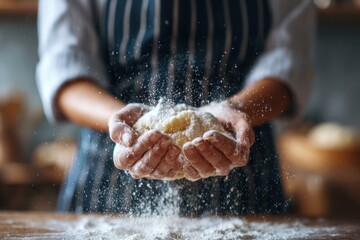 Culinary class on baking and pastries A female chef shakes off flour from her hands