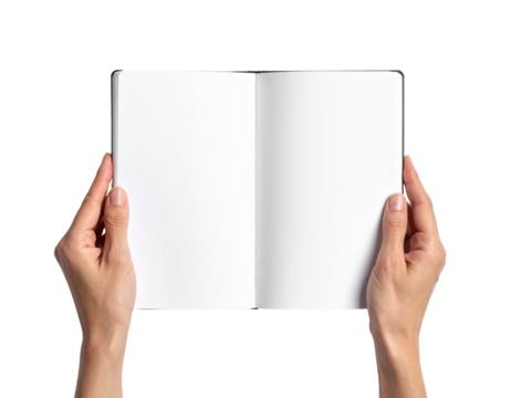 Close-up of hands presenting an empty open notebook PNG - Powered by Adobe