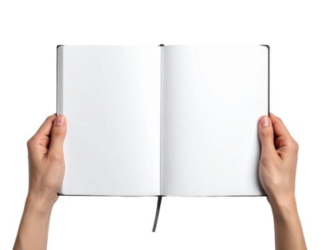 Close-up of hands presenting an empty open notebook PNG