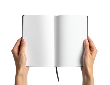 Close-up of hands presenting an empty open notebook PNG