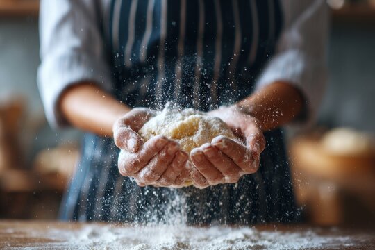 Culinary class on baking and pastries A female chef shakes off flour from her hands