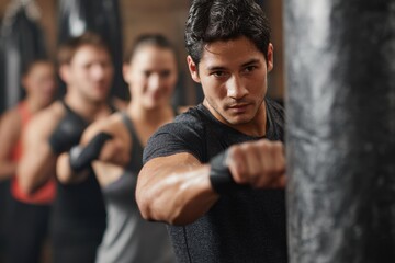 Attractive young Hispanic man sparring with a punching bag in a boxing gym with a training group