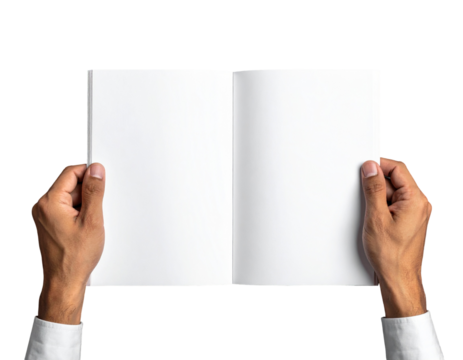 Close-up of hands presenting an empty open notebook