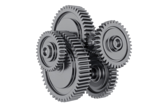 Interlocking metal gears, 3D rendered, showcasing intricate mechanical engineering. background removed