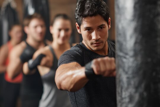 Attractive young Hispanic man sparring with a punching bag in a boxing gym with a training group - Powered by Adobe