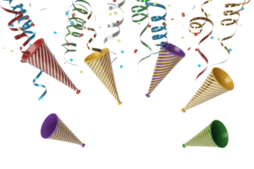 Colorful party horns and confetti falling on transparent background, festive celebration. background removed