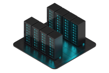 Isometric illustration of a modern data center with multiple servers glowing blue. background removed