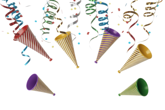 Colorful party horns and confetti falling on transparent background, festive celebration. background removed