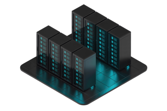 Isometric illustration of a modern data center with multiple servers glowing blue. background removed