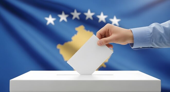 A hand casts a ballot into a voting box in front of the flag of Kosovo, symbolizing democratic elections. - Powered by Adobe