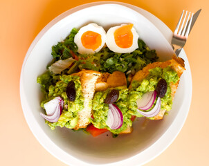 Top Shot of Avocado on Toast with Egg and Summer Green Salad, Vegetarian Healthy Diet Food