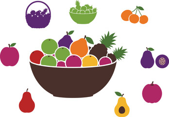 Fruits Basket & Fruits Colored Icon Collection, Healthy Food and Nutrition Vector Set