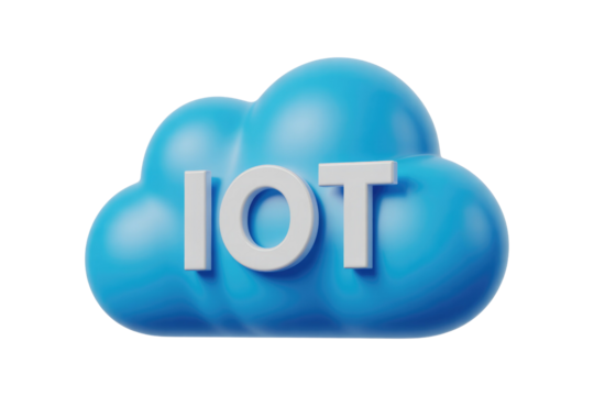 3D rendering of a blue cloud with the letters IOT, symbolizing the Internet of Things. background removed