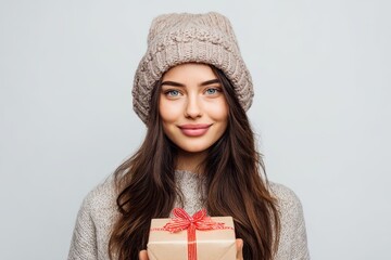 Brunette girl holding a present and wearing a hat