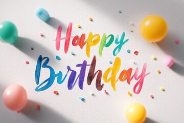 colorful birthday message painted in rainbow script across a white textured card, surrounded by balloons and confetti in a festive, cheerful scene