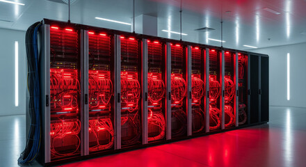 Supercomputer Server Racks Blazing with Critical Red Light in Data Center
A wide, dramatic view of a long row of high-capacity server racks inside a modern, pristine data center
