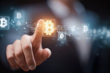 Businessman selects bitcoins by tapping a touchscreen