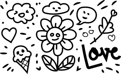 Cute hand drawn doodles including clouds flower ice cream heart and love