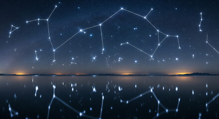Fototapeta premium Celestial Reflection: Glowing Constellations Mirrored on a Calm Lake Surface A stunning, highly stylized image showcasing multiple star constellations digitally rendered and connected by bright 