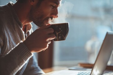 Calm man sipping coffee while working on his laptop